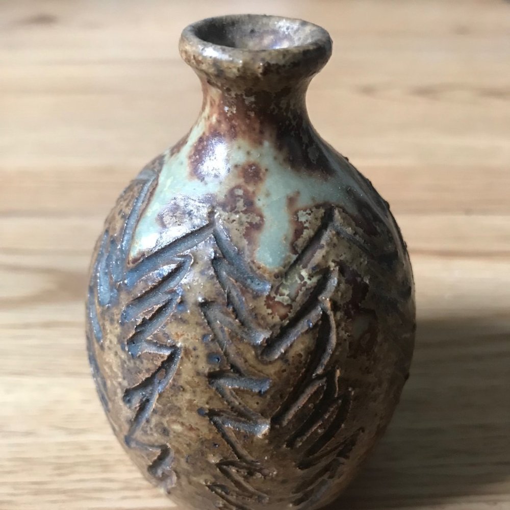 Signed Ceramic Bud Vase with Tree Carvings - Handcrafted Art Decor
